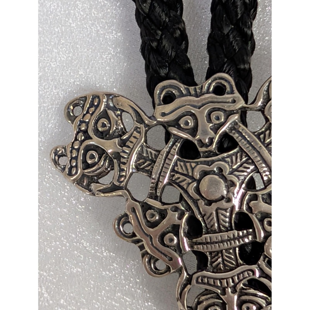 Signed Viking Norse 830 Silver Black Braided Leather Cord Bolo Tie‎ - Picture 9 of 11